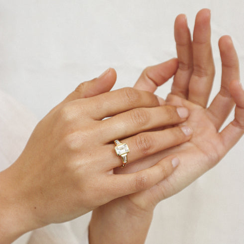 Bezel Set Emerald Lab Grown Diamond Trilogy Ring