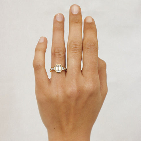 Bezel Set Emerald Lab Grown Diamond Trilogy Ring