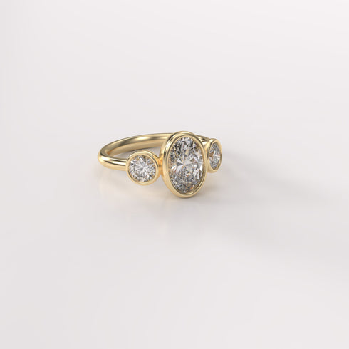 Bezel Set Oval and Rounds Trilogy Lab Grown Diamond Ring