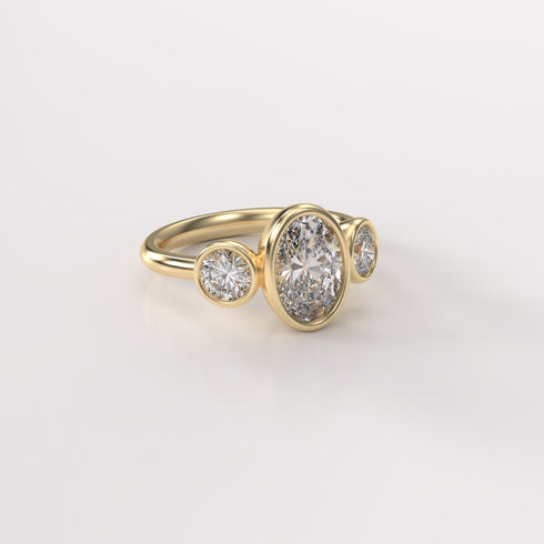 Bezel Set Oval and Round Lab Grown Diamonds Trilogy Ring