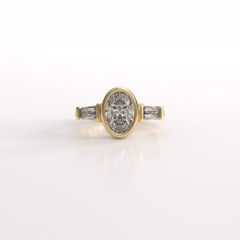 Bezel Set Oval and Tapered Baguettes Trilogy Lab Grown Diamond Ring