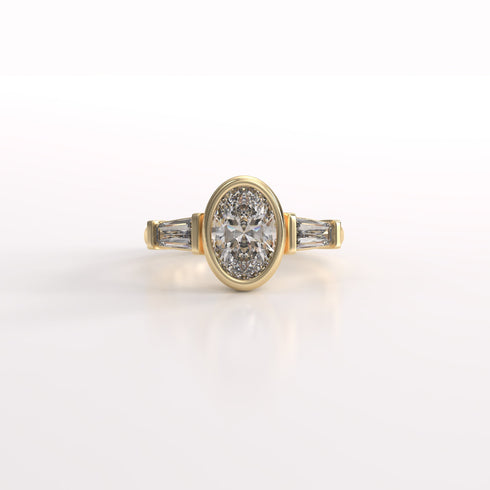 Bezel Set Oval and Tapered Baguette Lab Grown Diamonds Trilogy Ring