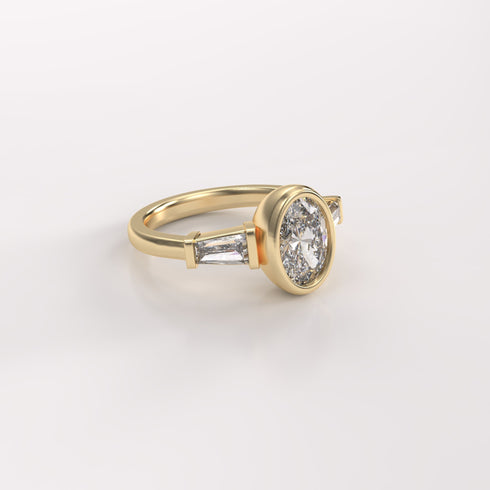 Bezel Set Oval and Tapered Baguette Lab Grown Diamonds Trilogy Ring
