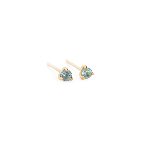 Three Claw Mini Aquamarine Stud Earrings in Yellow Gold