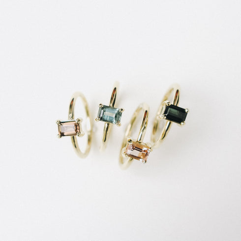 Four Claw Emerald Cut Smokey Quartz Ring in Yellow Gold