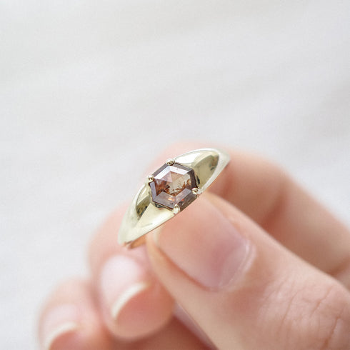 Orangey Brown Hexagon Diamond Signet Ring