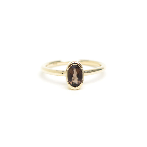 Partial Bezel Set Oval Smokey Quartz Ring in Yellow Gold