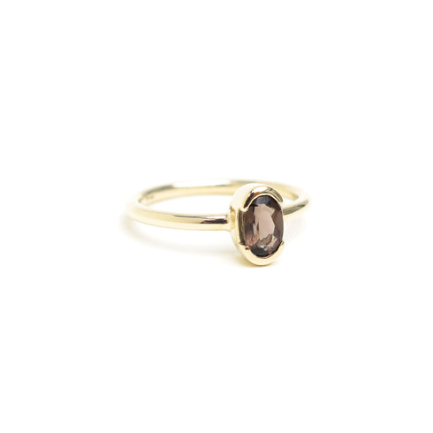 Partial Bezel Set Oval Smokey Quartz Ring in Yellow Gold