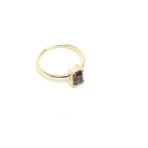 Four Claw Emerald Cut Smokey Quartz Ring in Yellow Gold